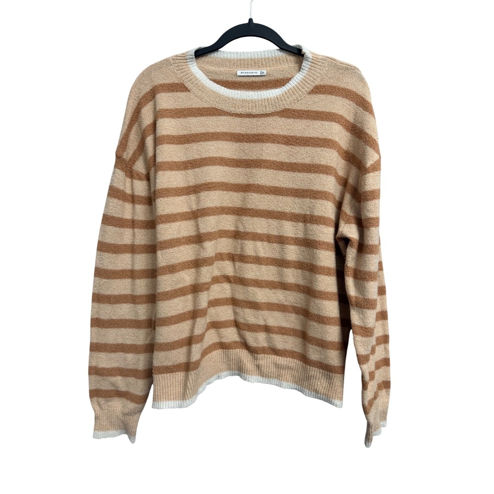 Staccato Womens Tan Cream Striped Crew Neck Sweater XL 54700 Boxy Capsule Faw